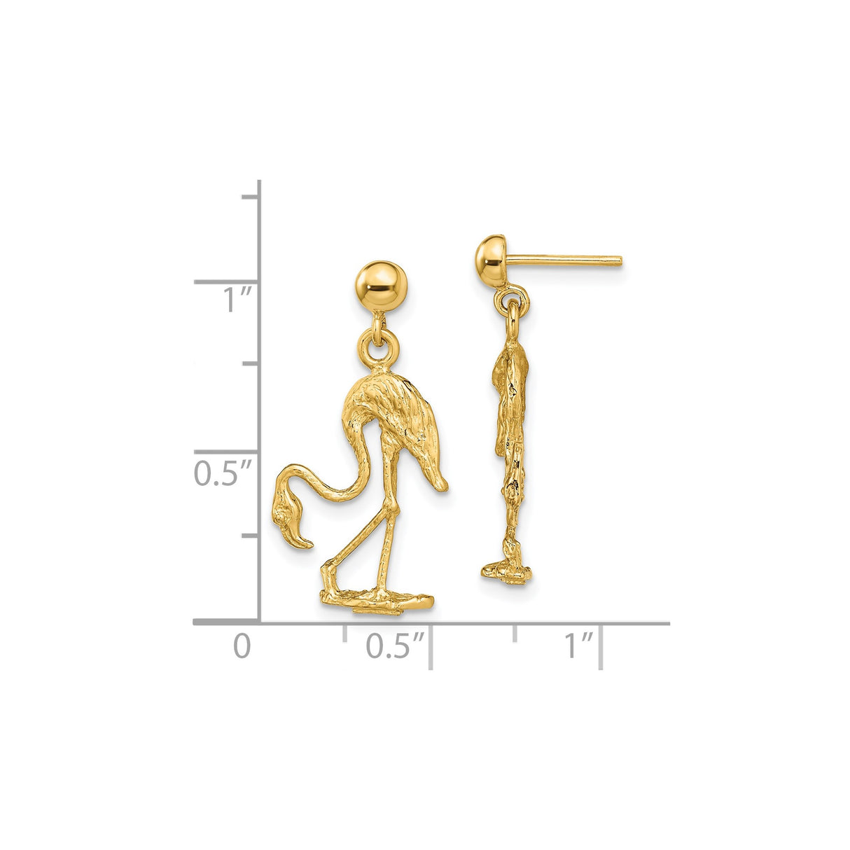 14k Yellow Gold Flamingo Dangle Earrings, Tropical Animal Theme for Women