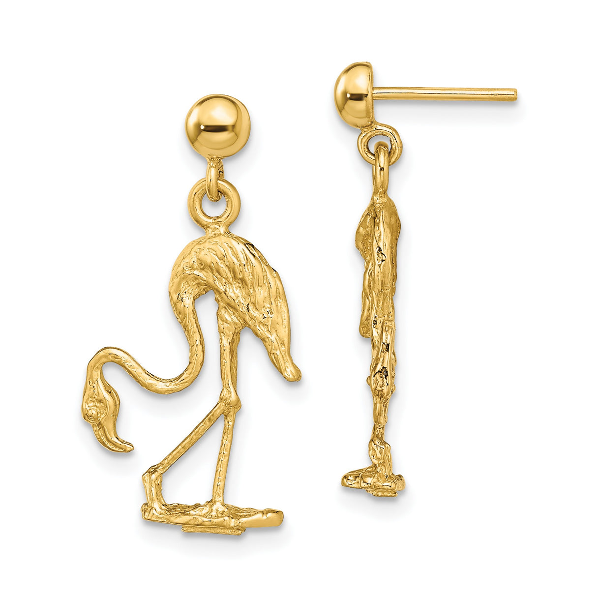 14k Yellow Gold Flamingo Dangle Earrings, Tropical Animal Theme for Women