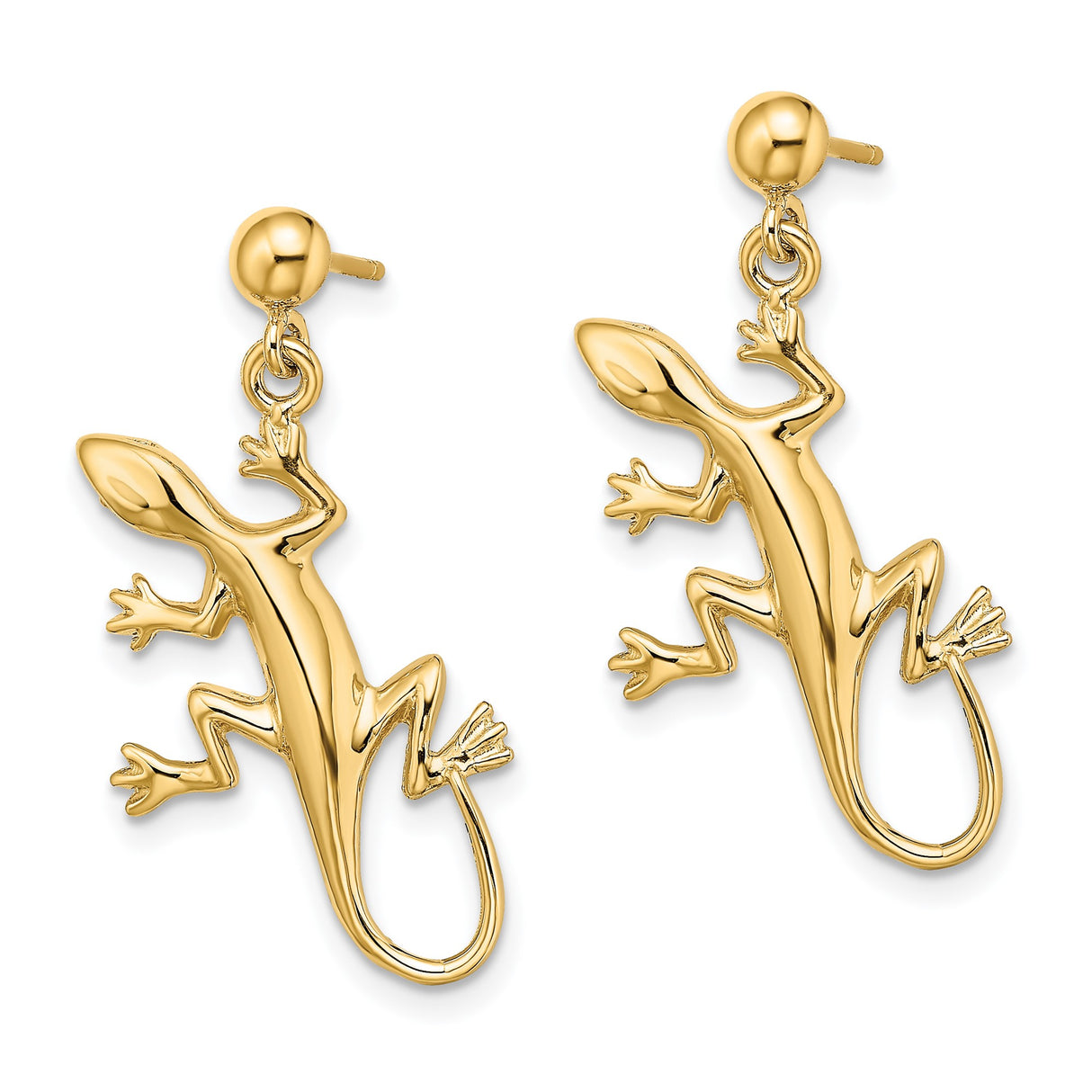 14k Yellow Gold Lizard Dangle Earrings with Detailed Gecko Motif, Wildlife Inspired Design for Women