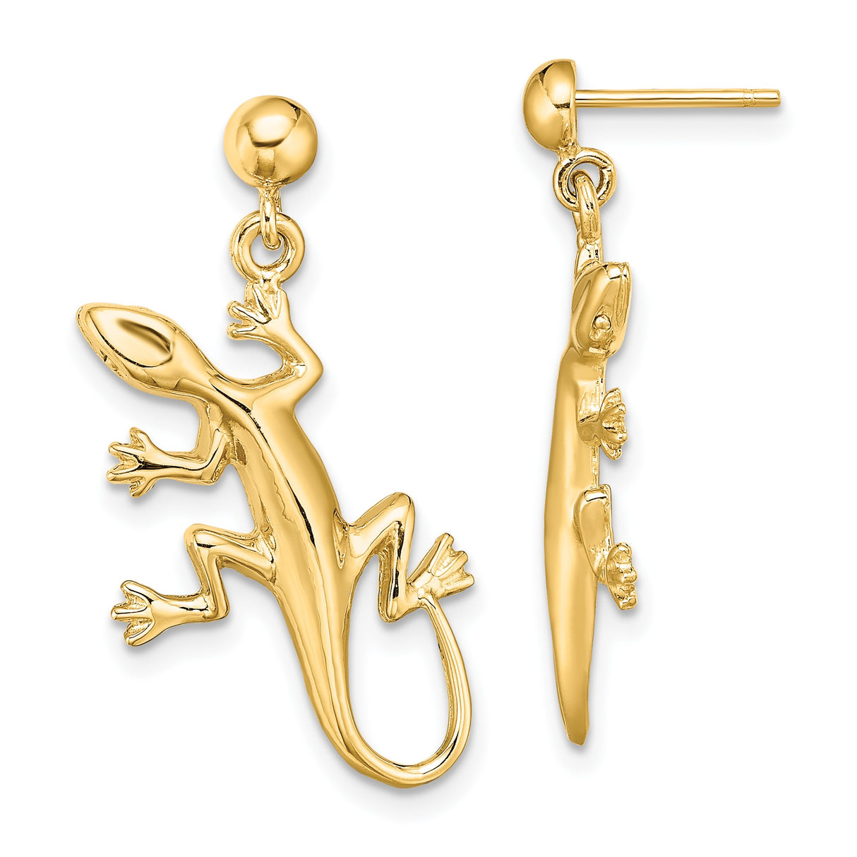 14k Yellow Gold Lizard Dangle Earrings with Detailed Gecko Motif, Wildlife Inspired Design for Women