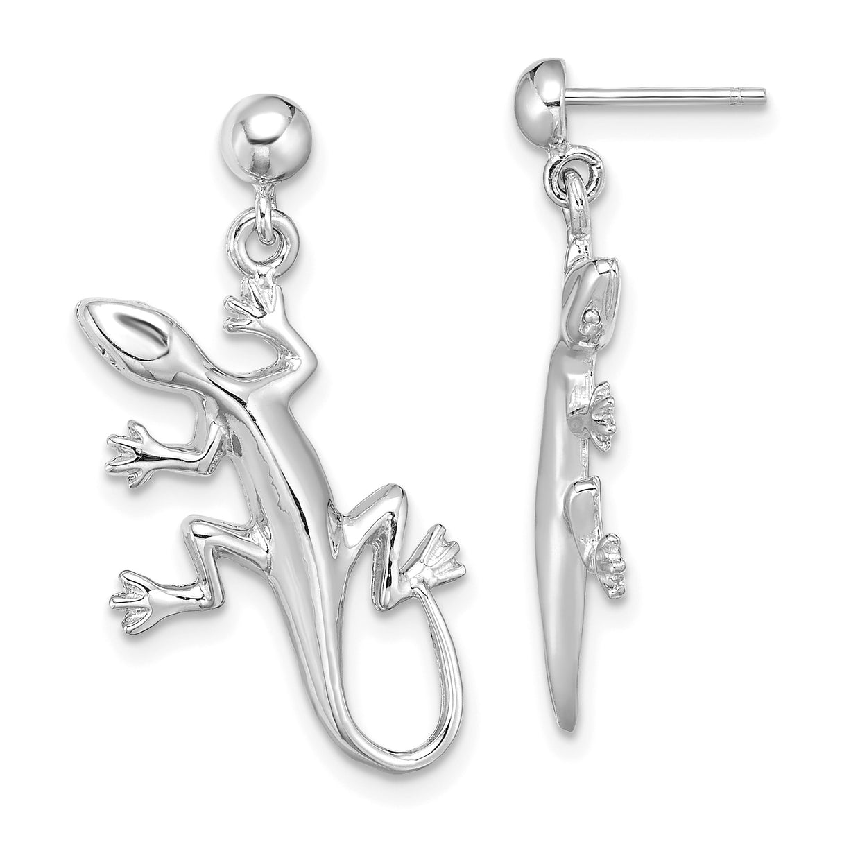 14k White Gold Gecko Lizard Dangle Stud Earrings, Nature Inspired Animal Design for Women