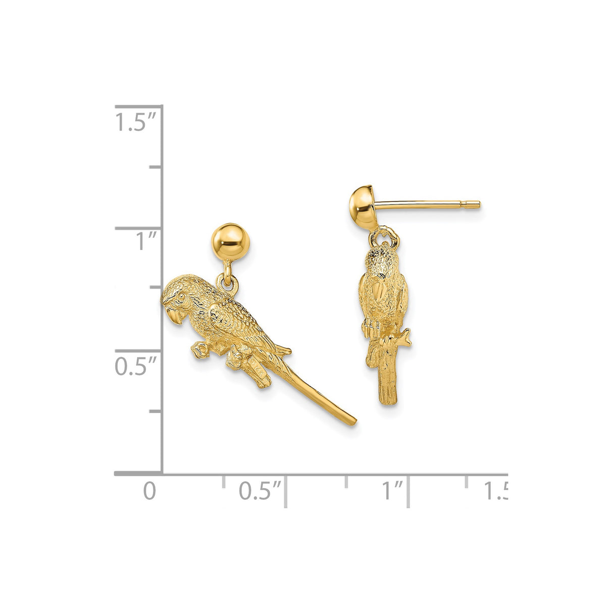 14k Yellow Gold Parrot Dangle Earrings, Bird on Branch Design, Tropical Nature Theme