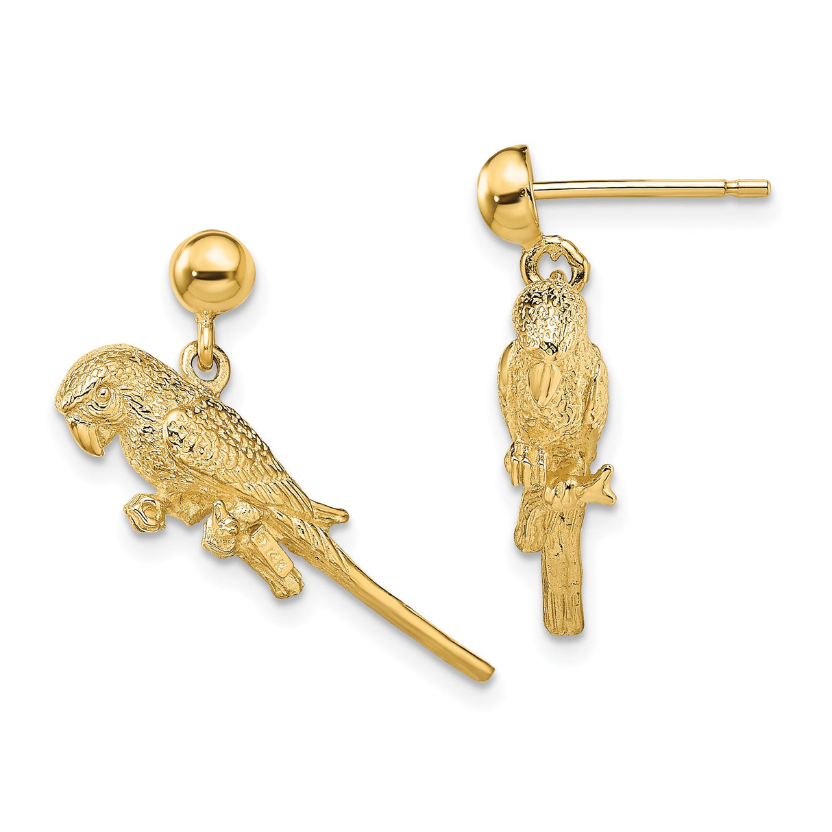 14k Yellow Gold Parrot Dangle Earrings, Bird on Branch Design, Tropical Nature Theme