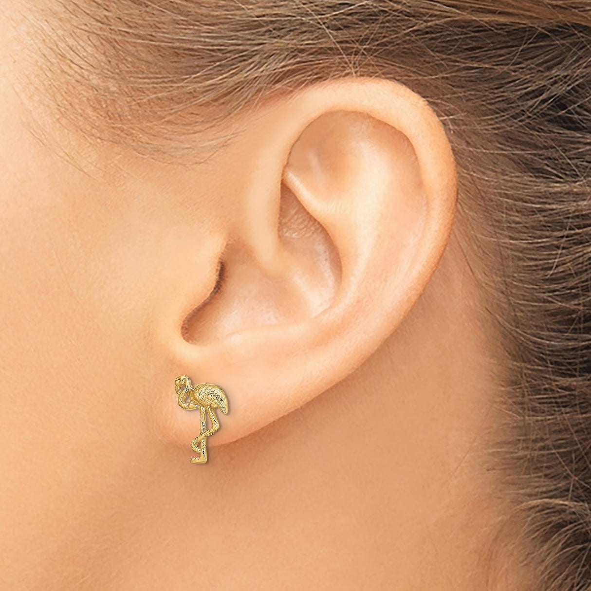 14k Yellow Gold Flamingo Stud Earrings, Delicate Bird Motif Animal Jewelry for Women