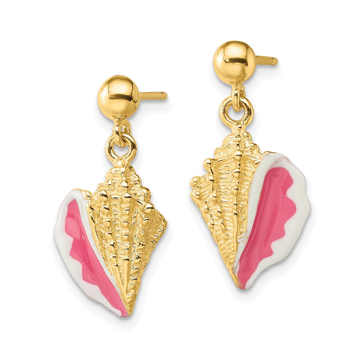 14k Yellow Gold Dangle Earrings with Pink and White Enamel Conch Shell Charms, Tropical Beach Style