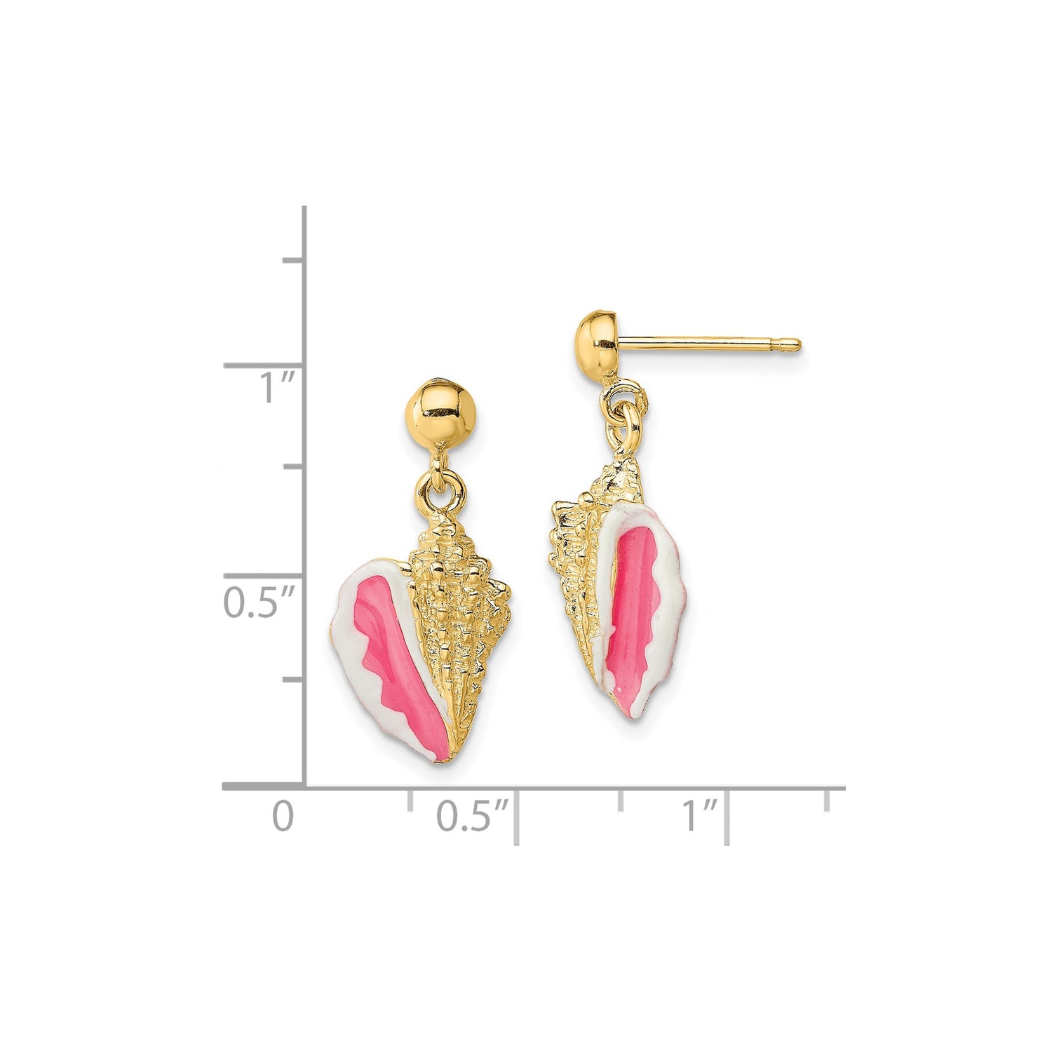 14k Yellow Gold Dangle Earrings with Pink and White Enamel Conch Shell Charms, Tropical Beach Style