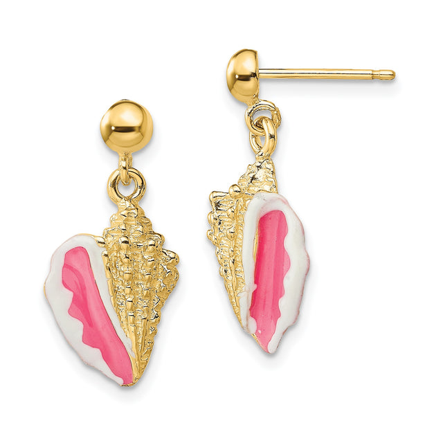 14k Yellow Gold Dangle Earrings with Pink and White Enamel Conch Shell Charms, Tropical Beach Style