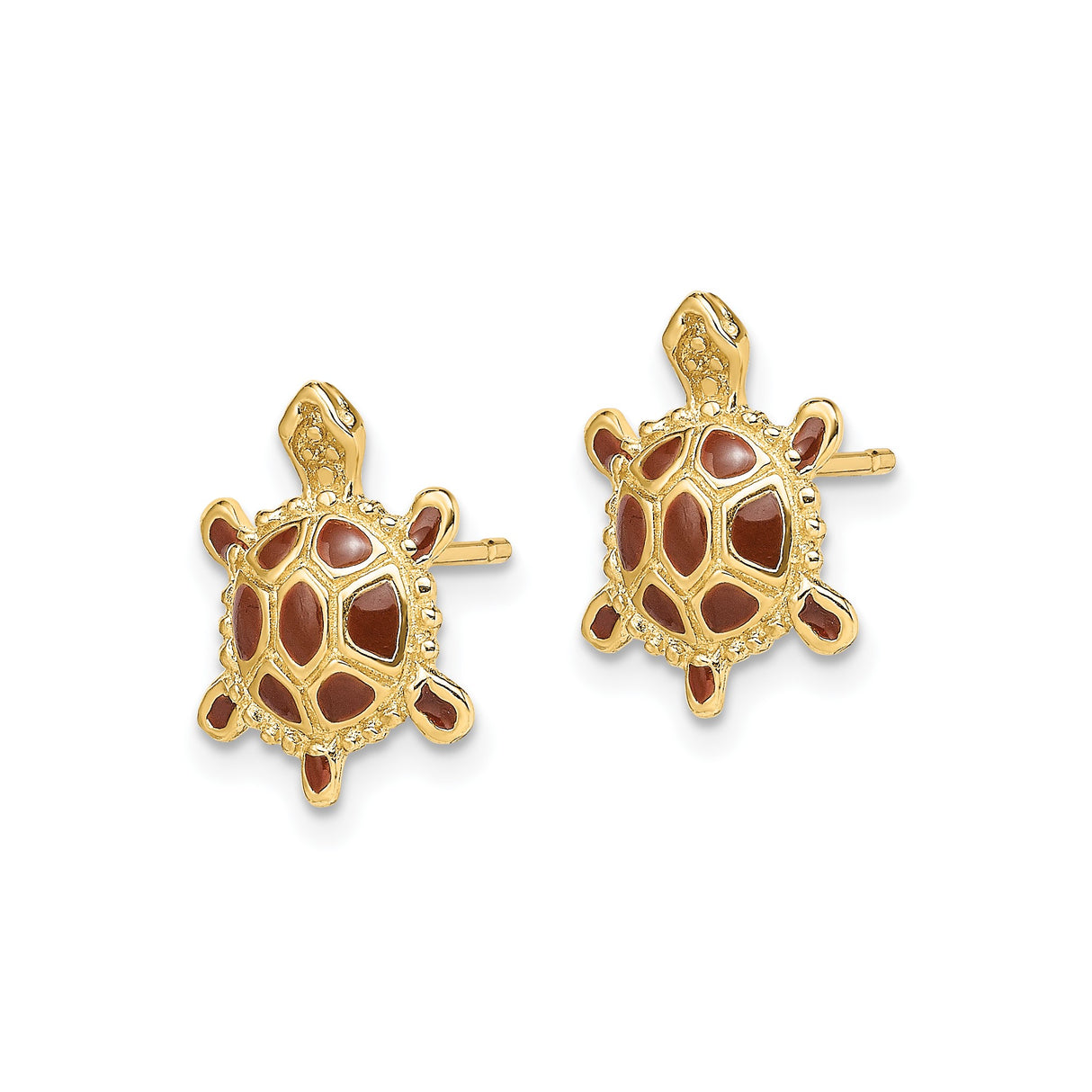 14k Yellow Gold Turtle Stud Earrings with Brown Enamel Detailing, Nature-Inspired Animal Jewelry