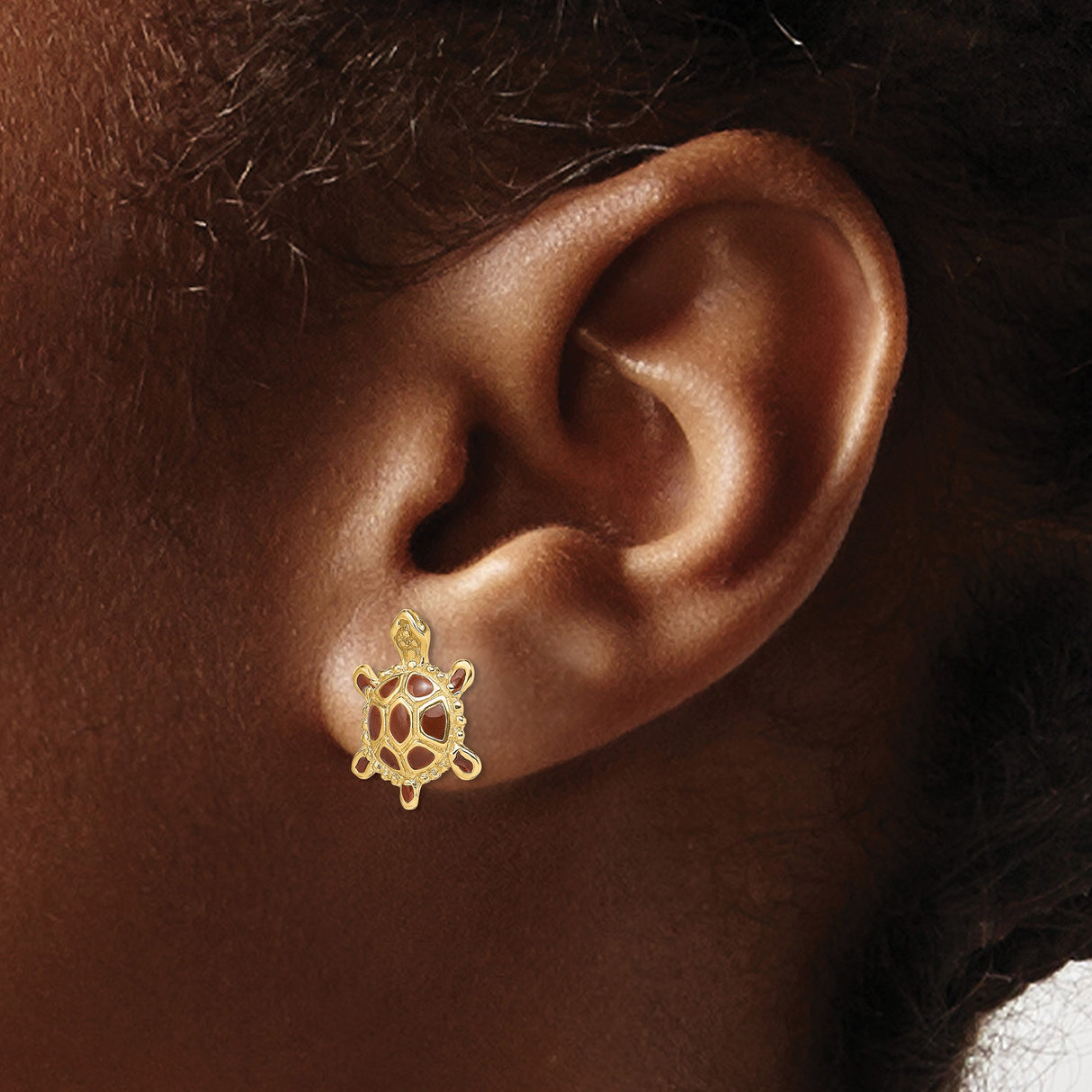 14k Yellow Gold Turtle Stud Earrings with Brown Enamel Detailing, Nature-Inspired Animal Jewelry