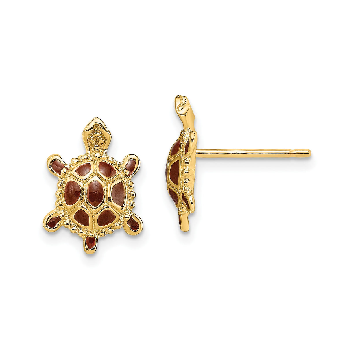 14k Yellow Gold Turtle Stud Earrings with Brown Enamel Detailing, Nature-Inspired Animal Jewelry