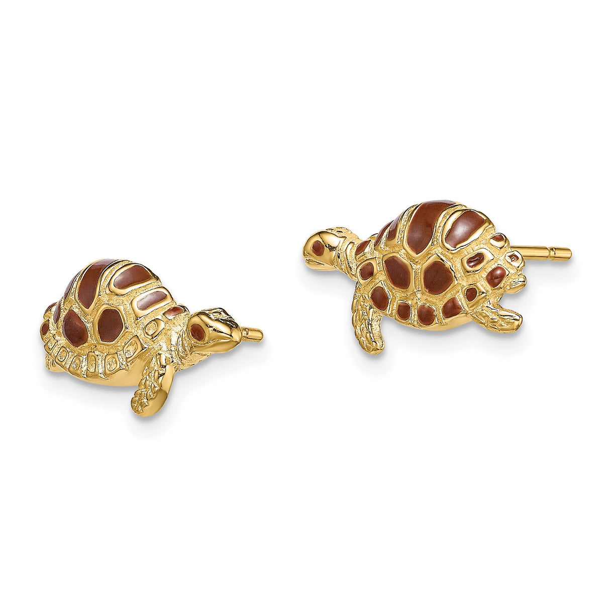 14k Yellow Gold Sea Turtle Stud Earrings with Brown Enamel Shell Design