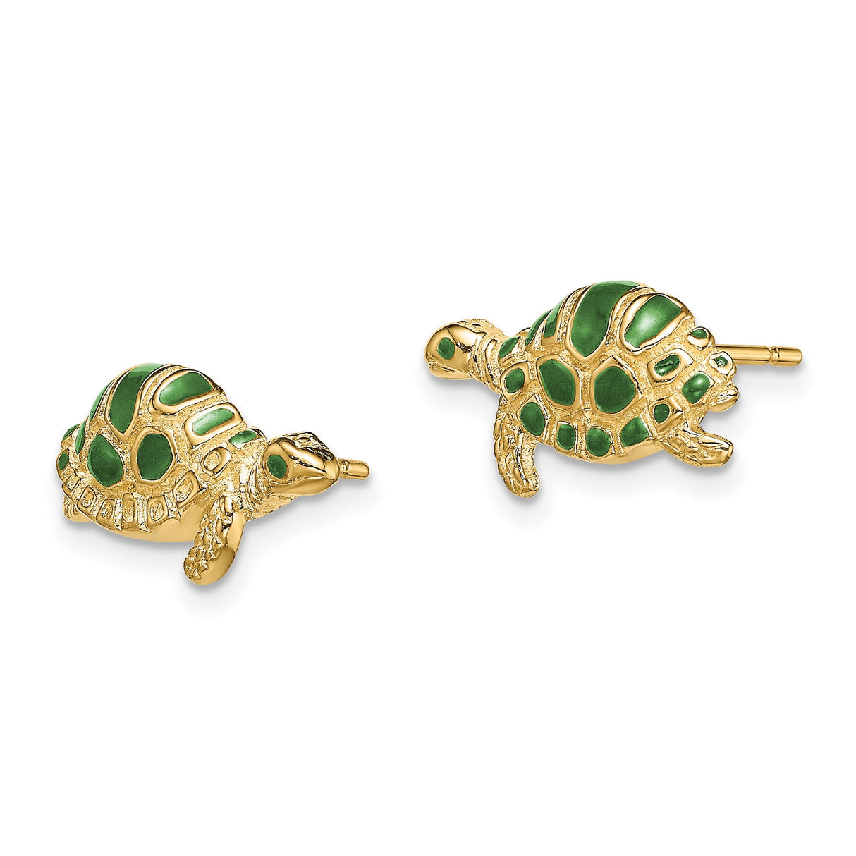 14k Yellow Gold Turtle Stud Earrings with Green Enamel, Nautical Marine Motif for Women or Girls