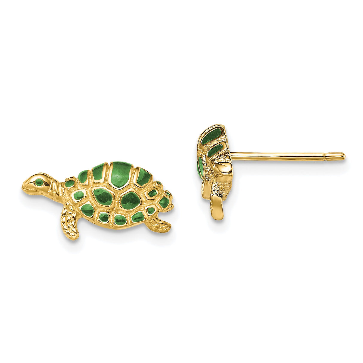 14k Yellow Gold Turtle Stud Earrings with Green Enamel, Nautical Marine Motif for Women or Girls