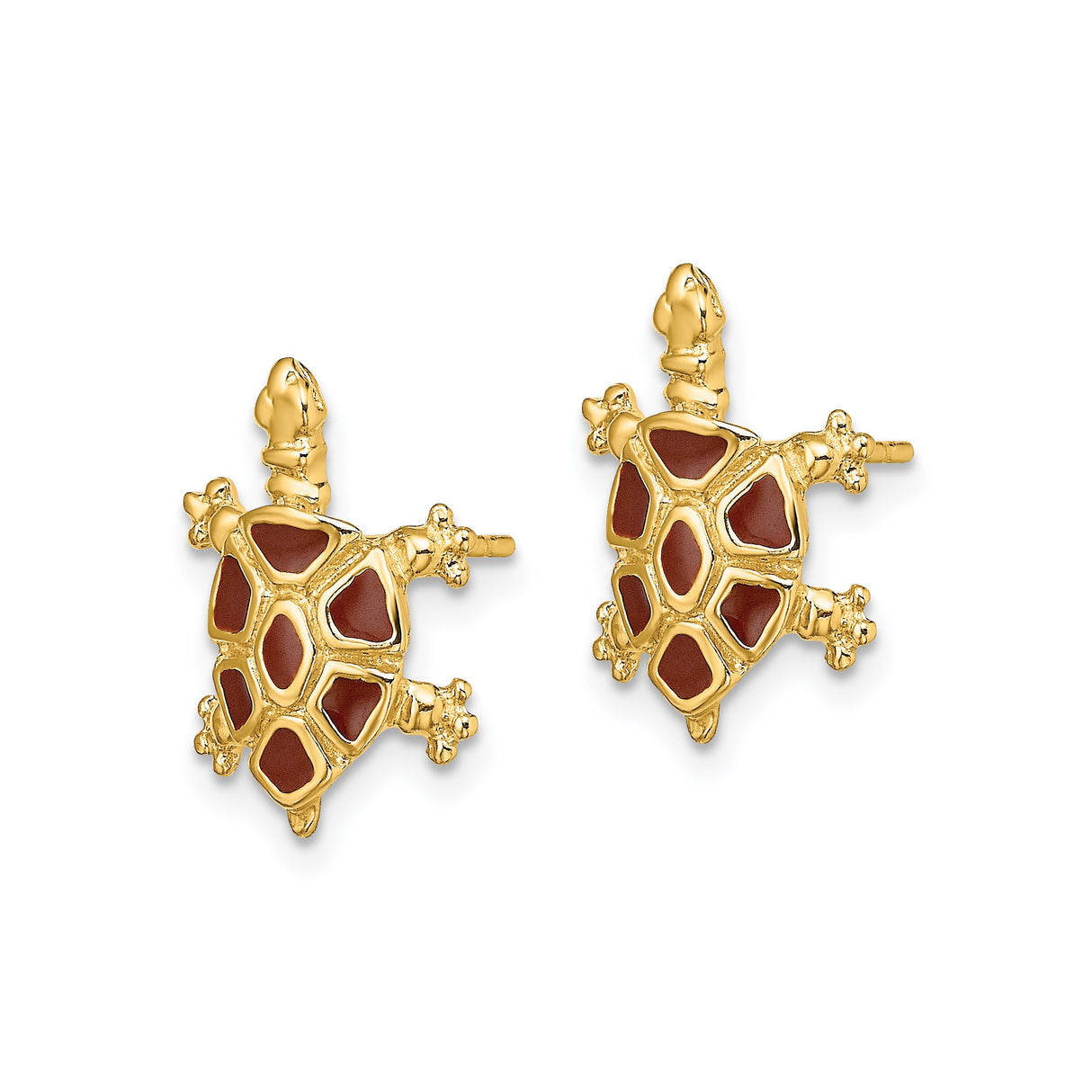 14k Yellow Gold Turtle Stud Earrings with Red Enamel, Coastal Animal Theme for Women