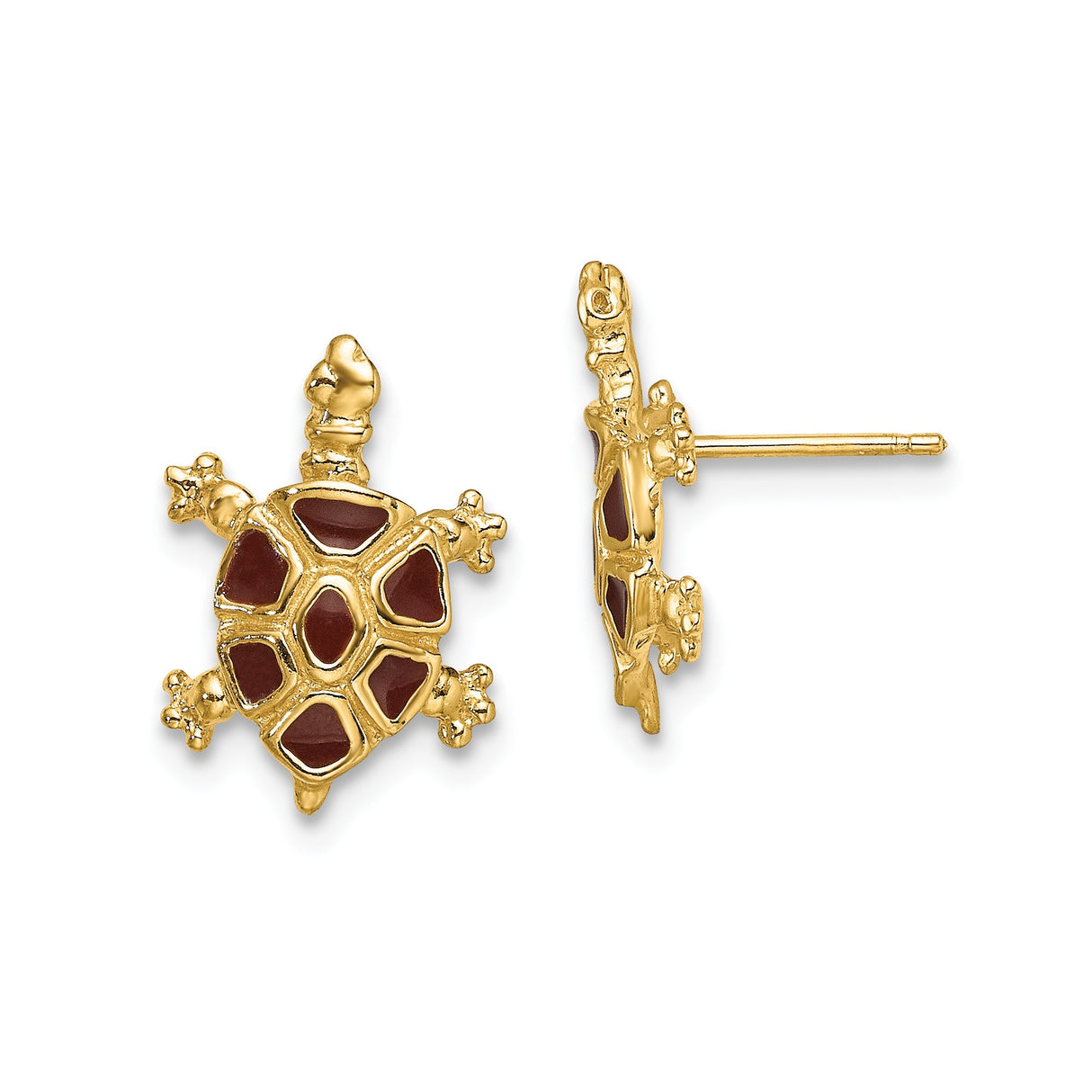 14k Yellow Gold Turtle Stud Earrings with Red Enamel, Coastal Animal Theme for Women