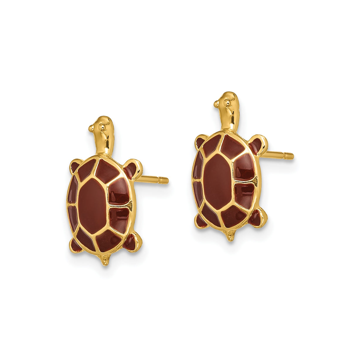 14k Yellow Gold Turtle Stud Earrings with Brown Enamel Shell, Sea Turtle Motif Jewelry