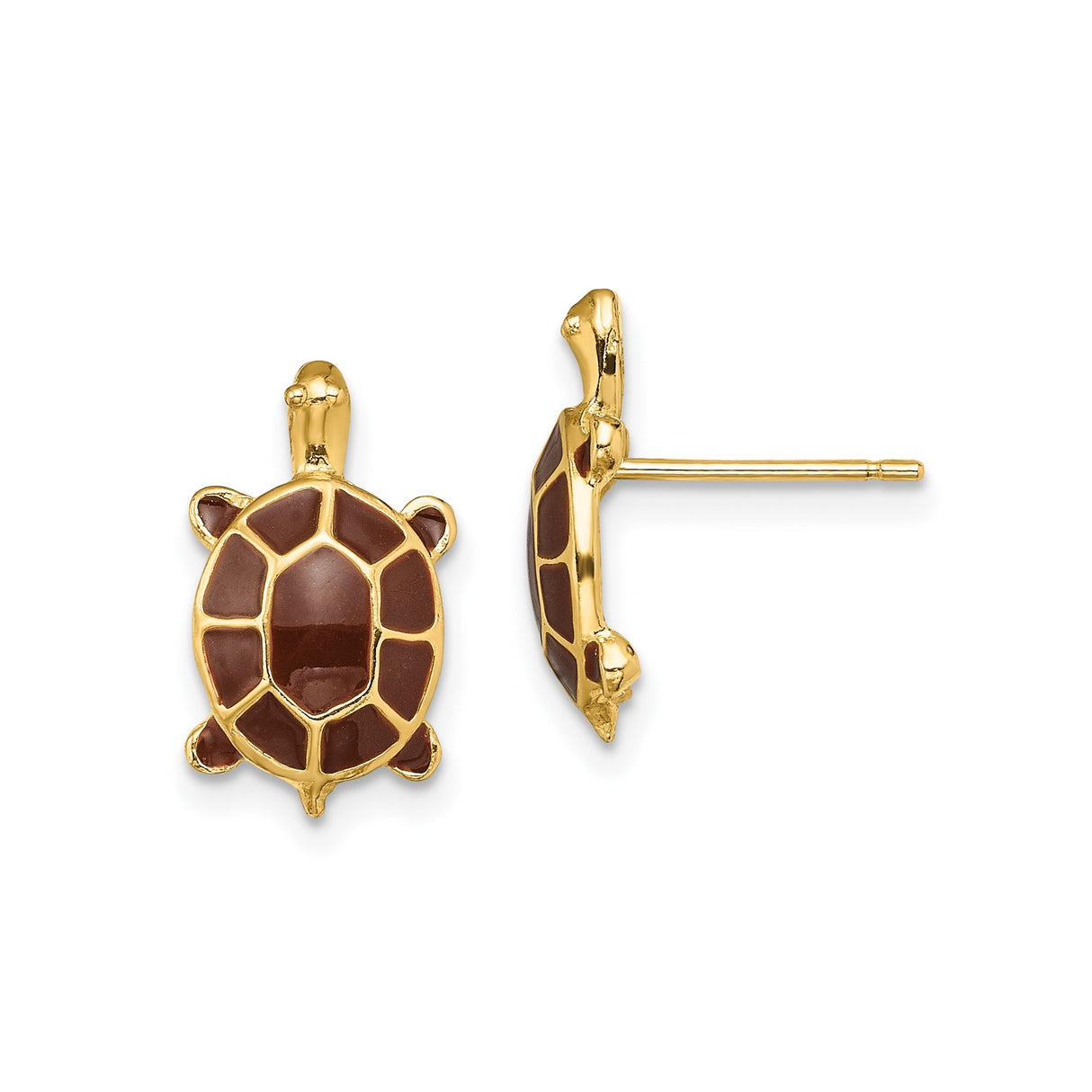 14k Yellow Gold Turtle Stud Earrings with Brown Enamel Shell, Sea Turtle Motif Jewelry
