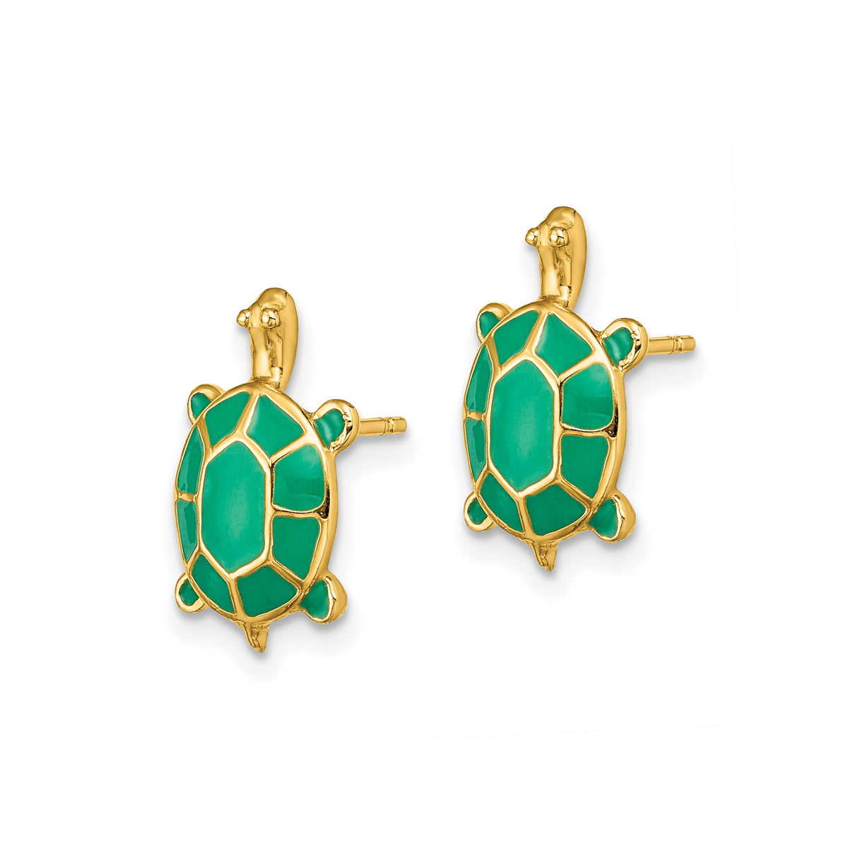 14k Yellow Gold Turtle Stud Earrings with Green Enamel, Sea Turtle Motif