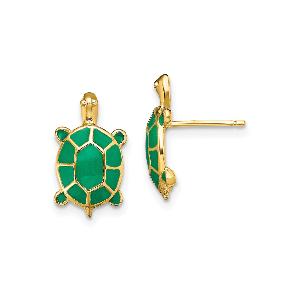 14k Yellow Gold Turtle Stud Earrings with Green Enamel, Sea Turtle Motif