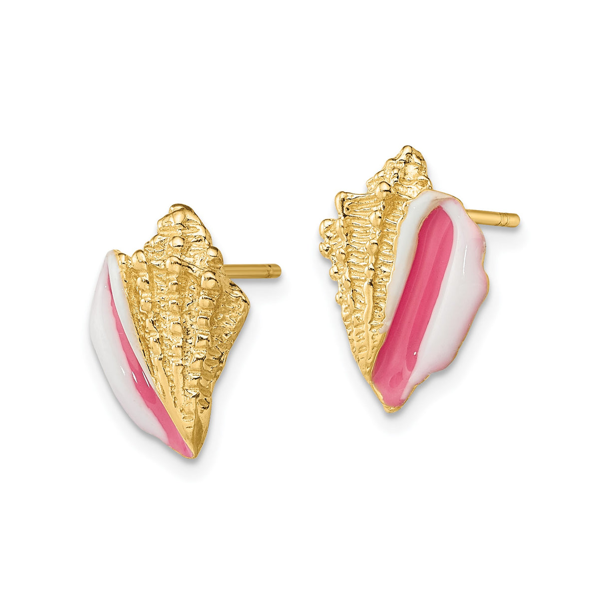 14k Yellow Gold Conch Shell Stud Earrings with Pink and White Enamel, Beach-Inspired Design