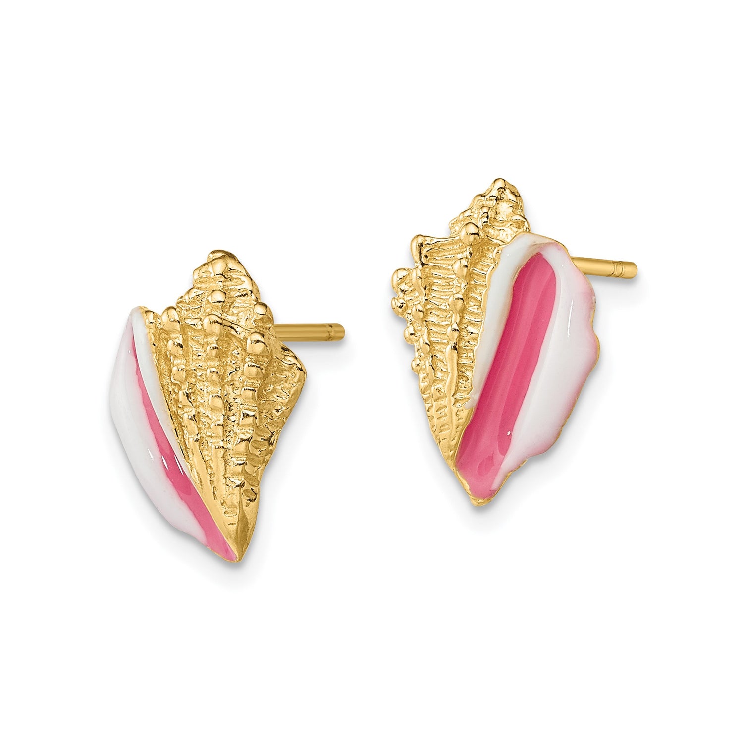 14k Yellow Gold Conch Shell Stud Earrings with Pink and White Enamel, Beach-Inspired Design