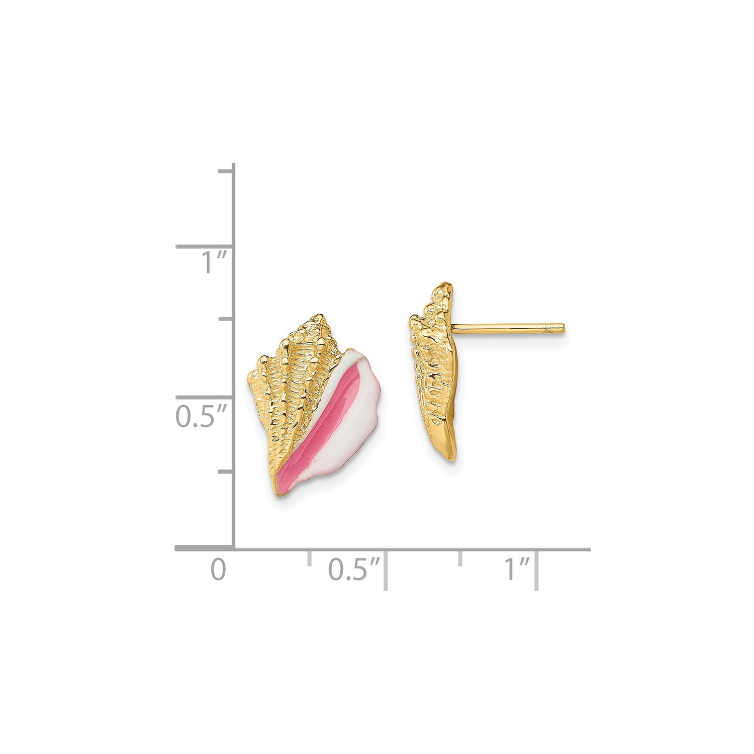 14k Yellow Gold Conch Shell Stud Earrings with Pink and White Enamel, Beach-Inspired Design