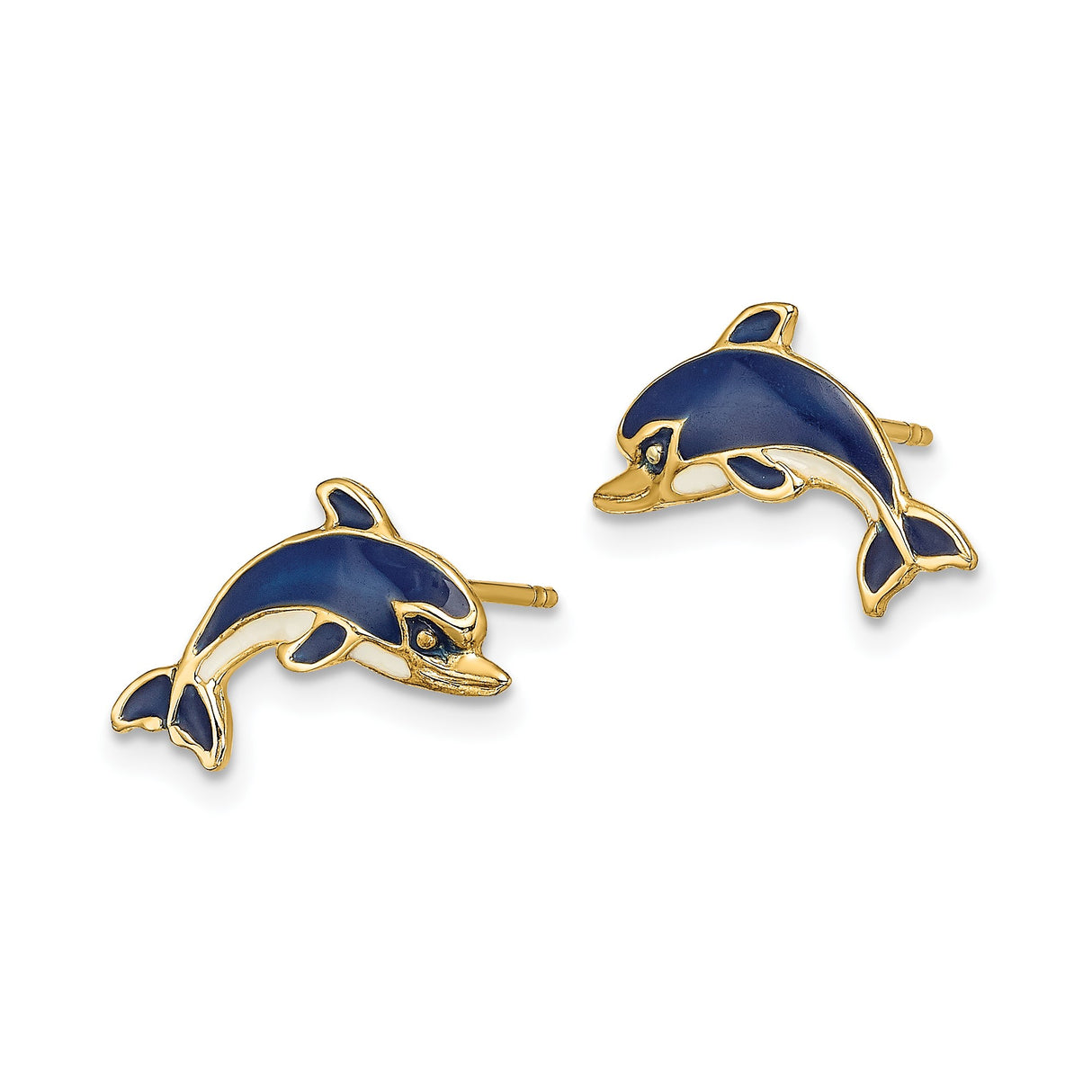 14k Yellow Gold Dolphin Stud Earrings with Blue Enamel Detailing, Ocean Theme Jewelry for Women