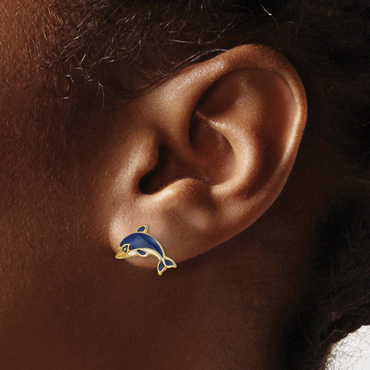 14k Yellow Gold Dolphin Stud Earrings with Blue Enamel Detailing, Ocean Theme Jewelry for Women