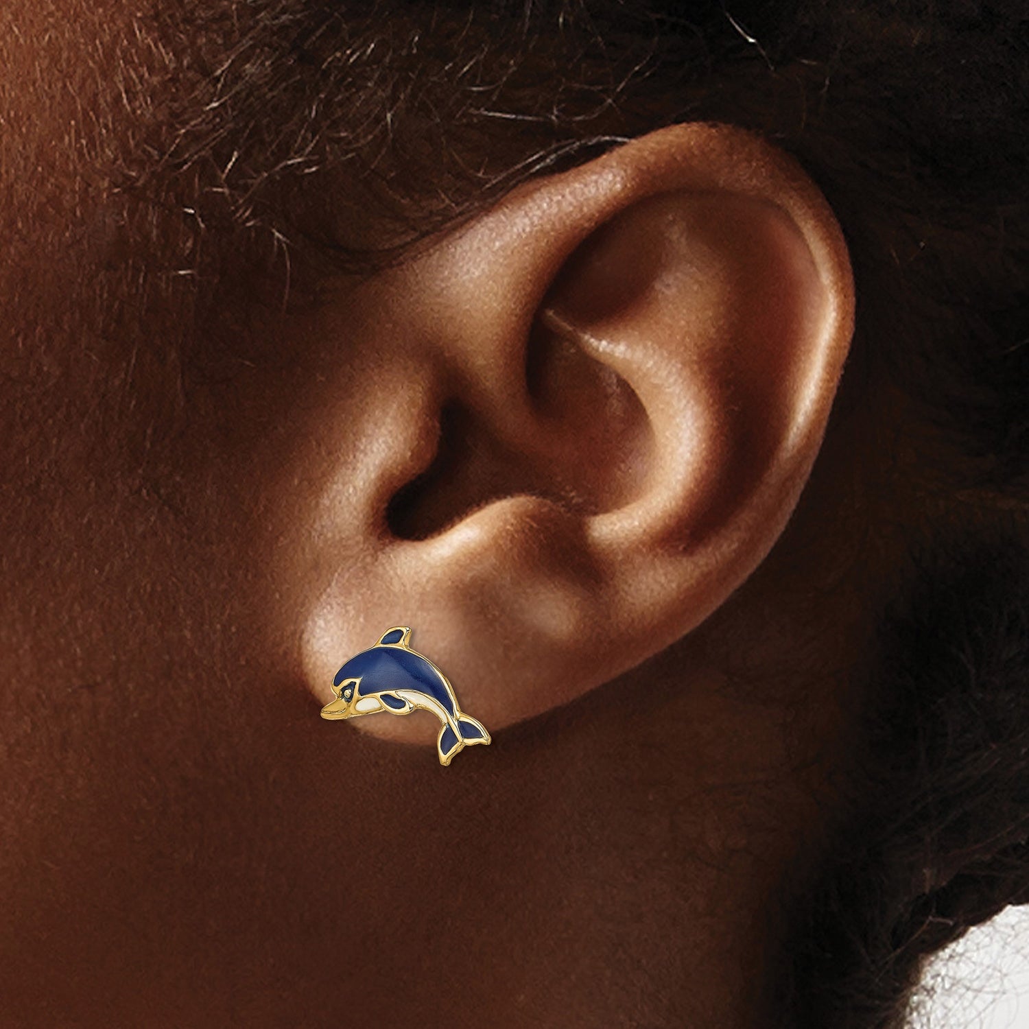 14k Yellow Gold Dolphin Stud Earrings with Blue Enamel Detailing, Ocean Theme Jewelry for Women
