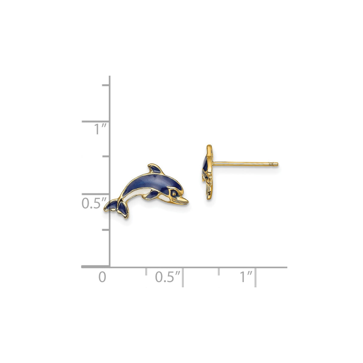 14k Yellow Gold Dolphin Stud Earrings with Blue Enamel Detailing, Ocean Theme Jewelry for Women