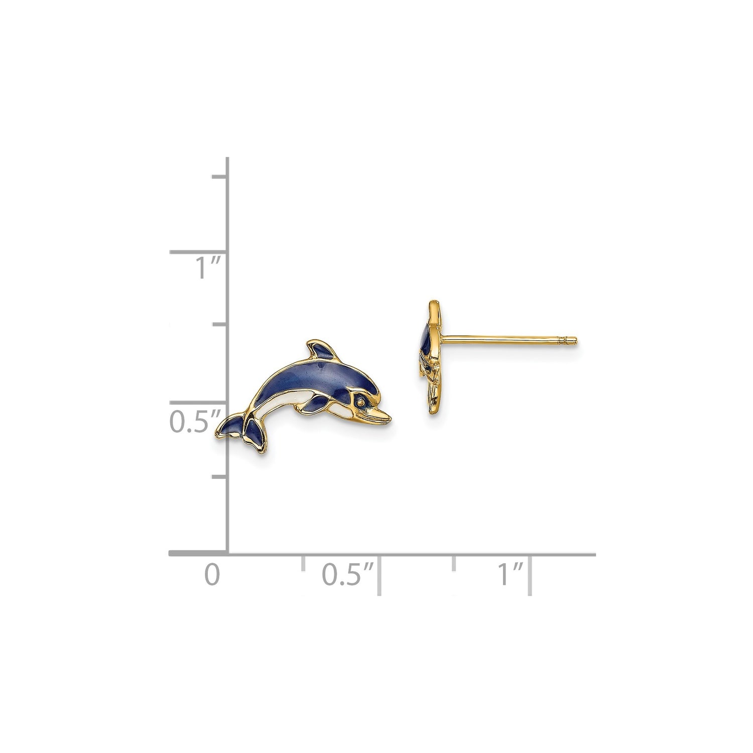14k Yellow Gold Dolphin Stud Earrings with Blue Enamel Detailing, Ocean Theme Jewelry for Women