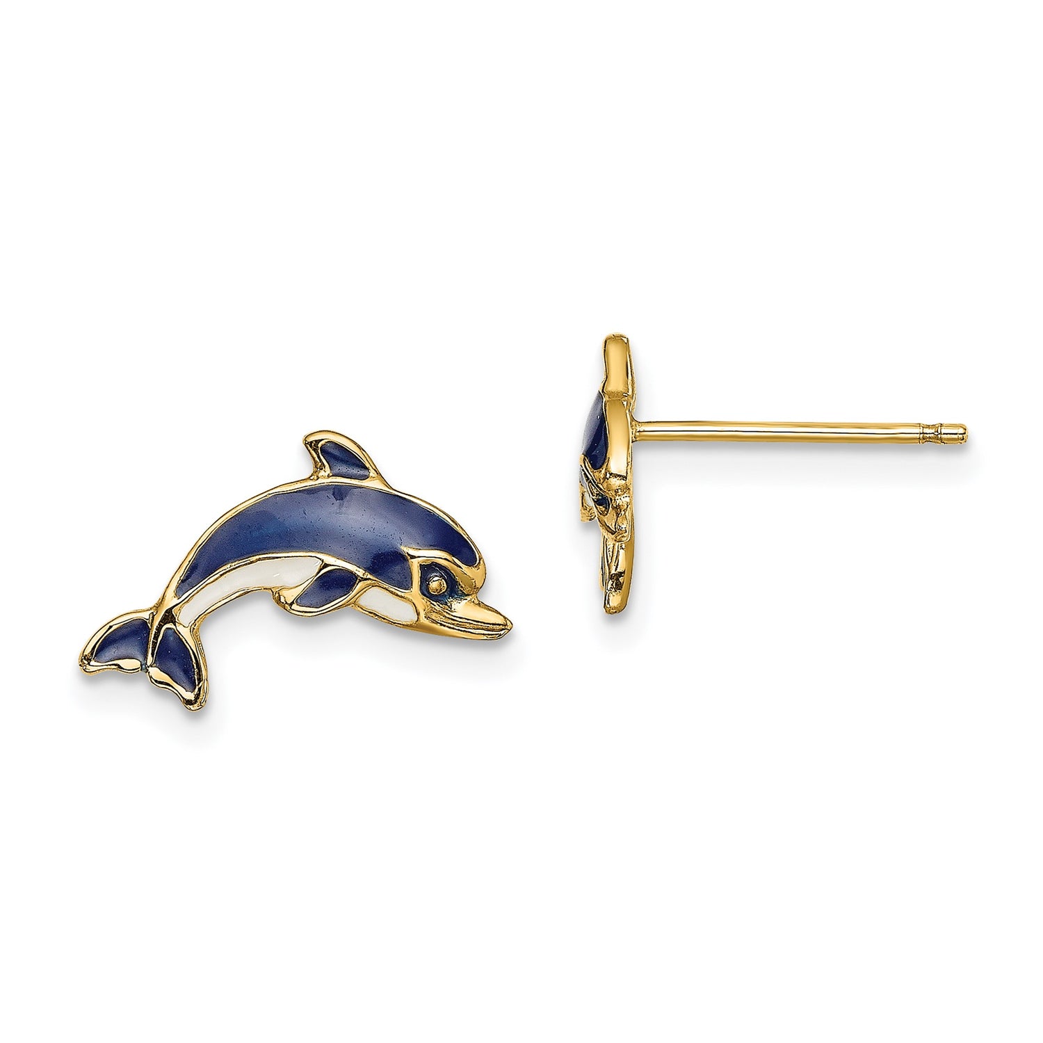 14k Yellow Gold Dolphin Stud Earrings with Blue Enamel Detailing, Ocean Theme Jewelry for Women