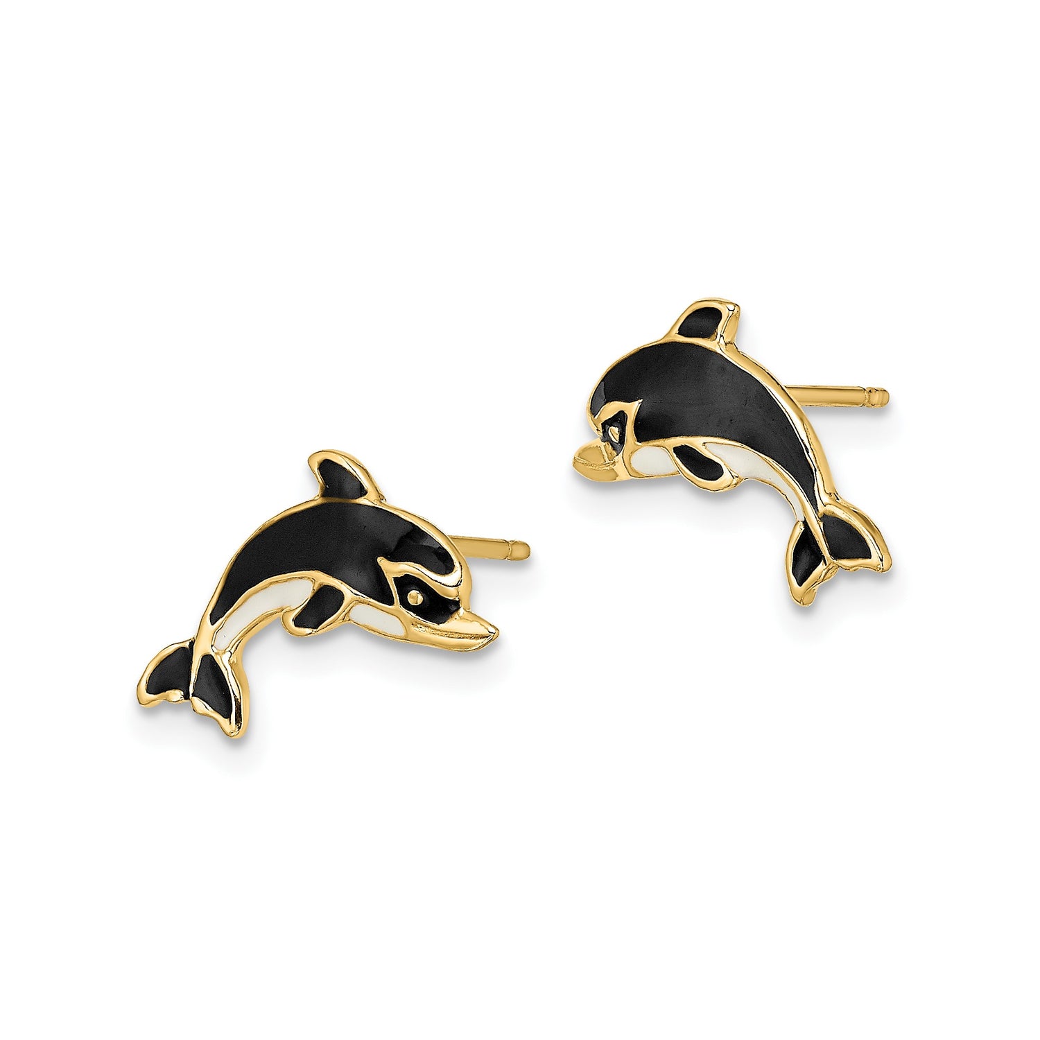 14k Yellow Gold Dolphin Stud Earrings with Black Enamel Detail, Ocean Animal Theme