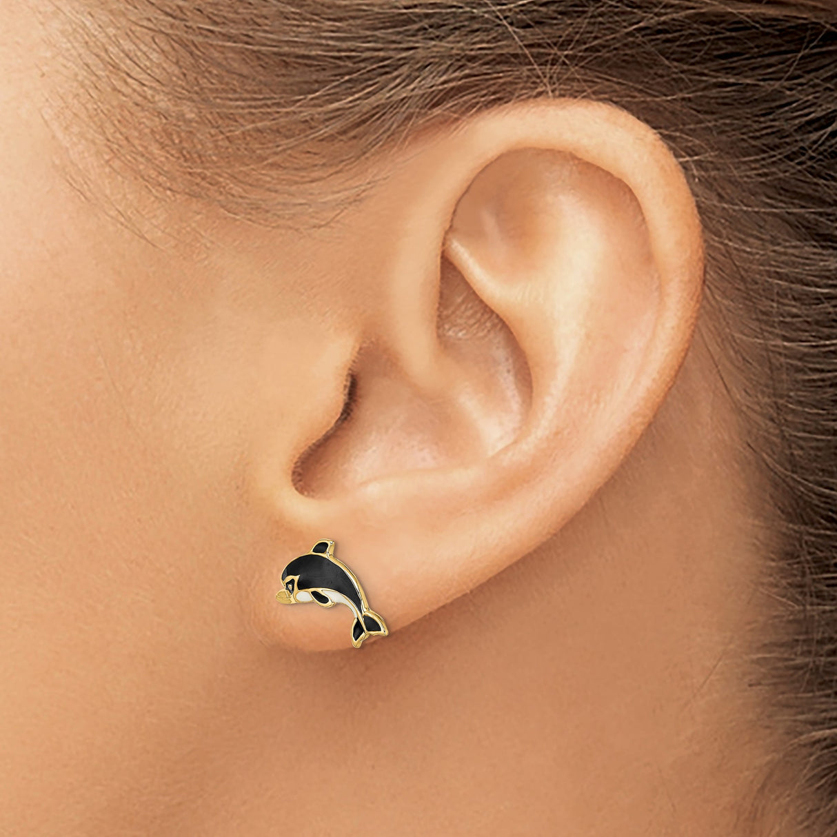 14k Yellow Gold Dolphin Stud Earrings with Black Enamel Detail, Ocean Animal Theme