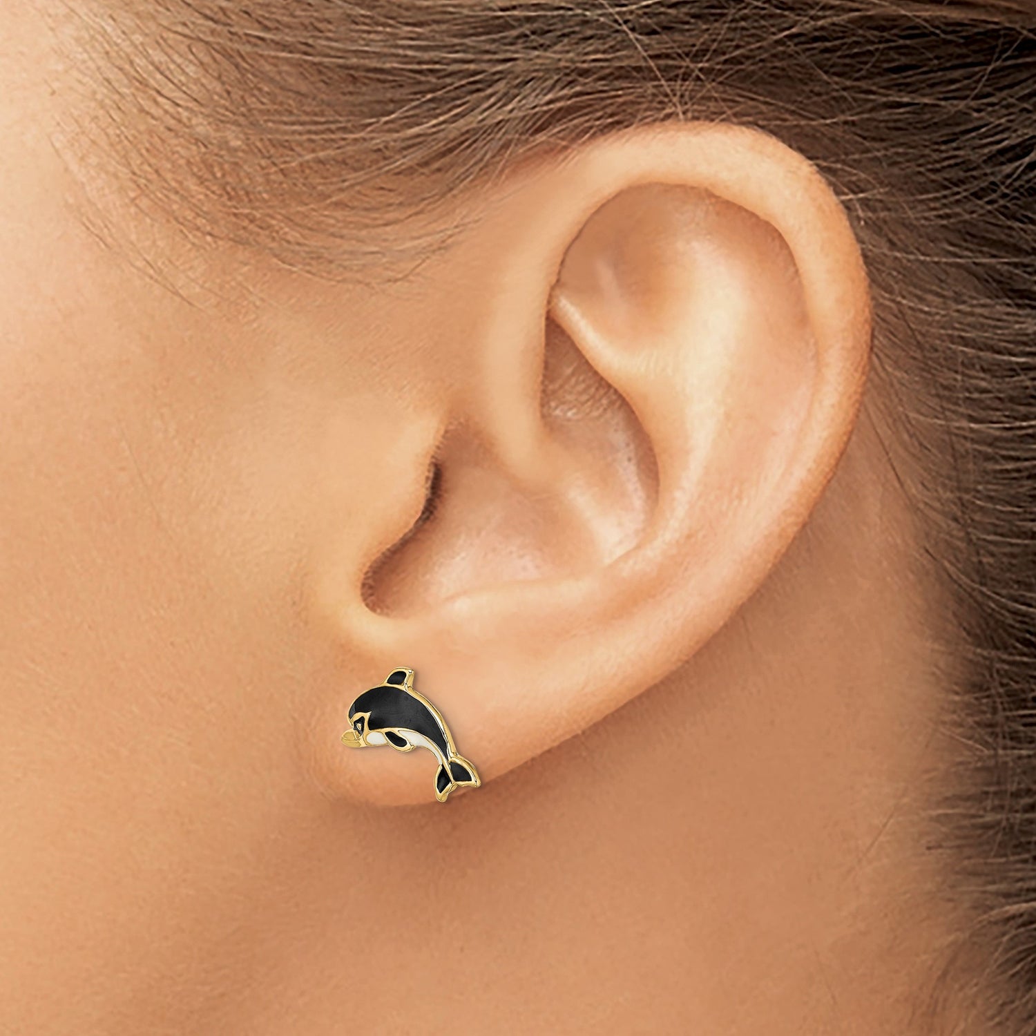 14k Yellow Gold Dolphin Stud Earrings with Black Enamel Detail, Ocean Animal Theme