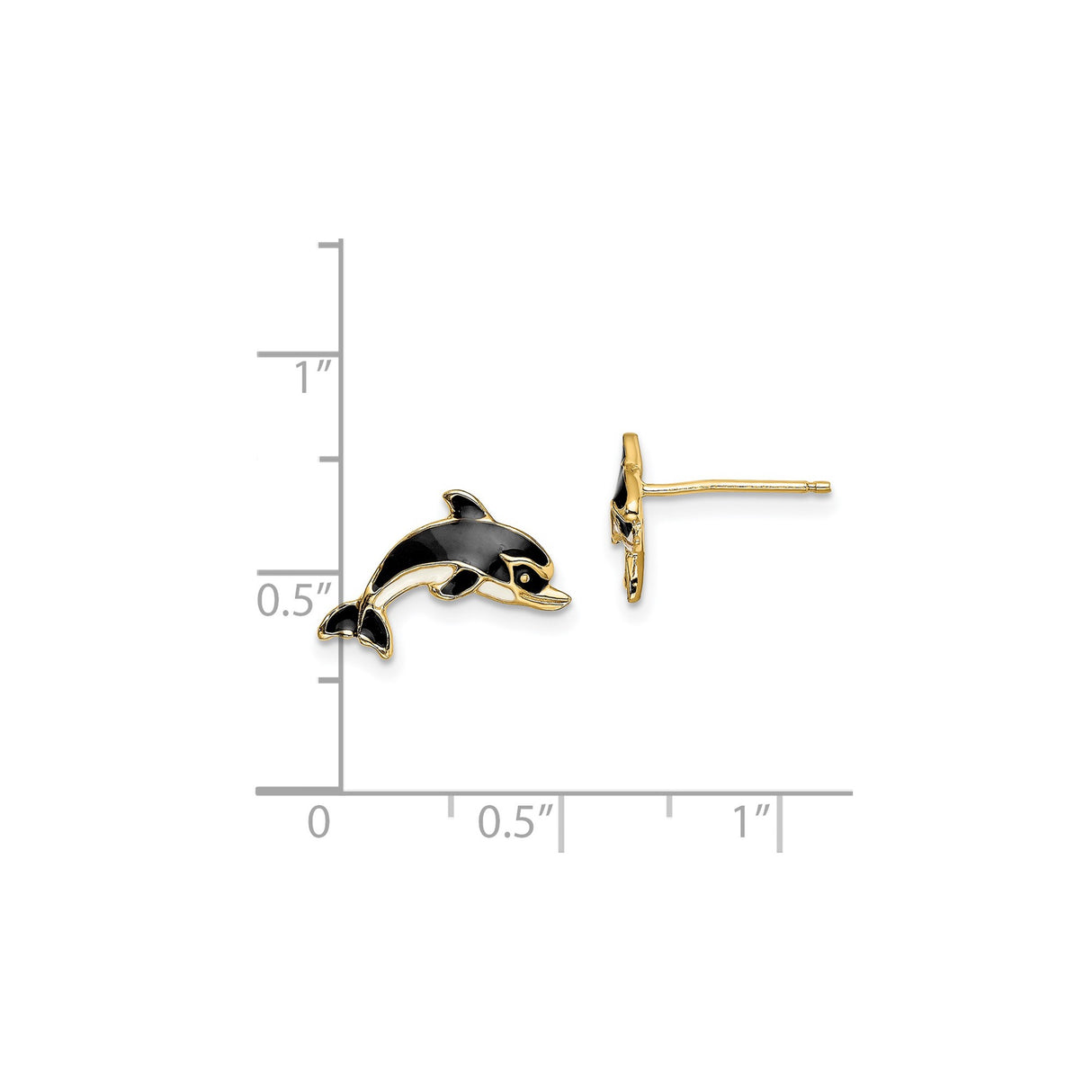 14k Yellow Gold Dolphin Stud Earrings with Black Enamel Detail, Ocean Animal Theme