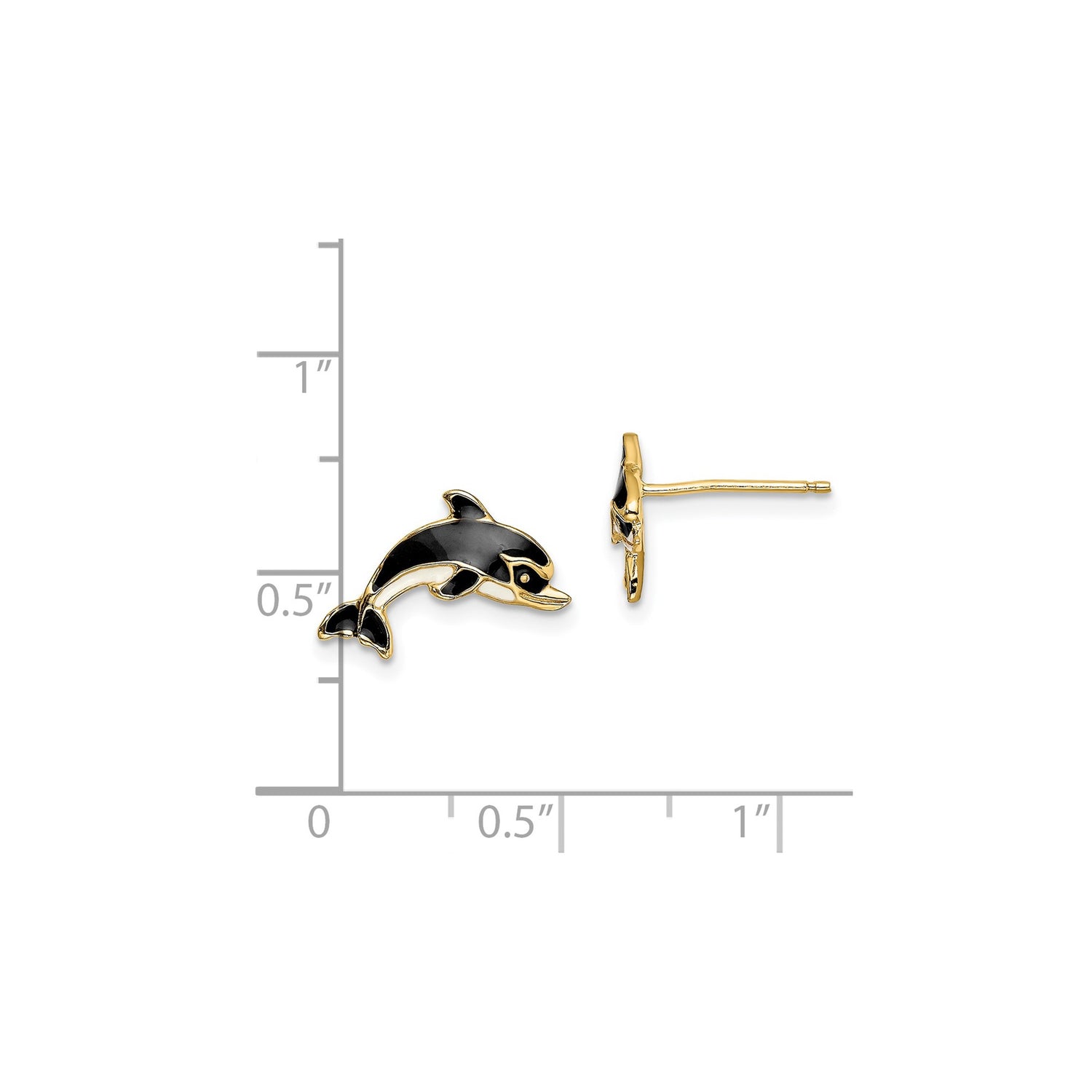 14k Yellow Gold Dolphin Stud Earrings with Black Enamel Detail, Ocean Animal Theme