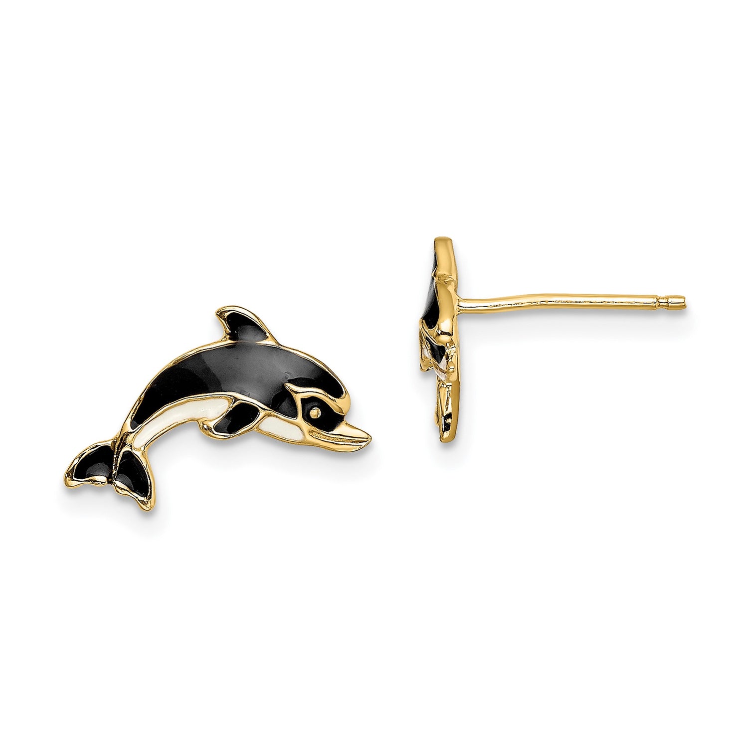 14k Yellow Gold Dolphin Stud Earrings with Black Enamel Detail, Ocean Animal Theme