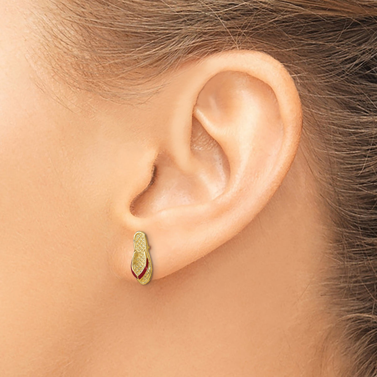 14k Yellow Gold Flip Flop Stud Earrings with Pink Enamel, Sandal Motif Summer Jewelry