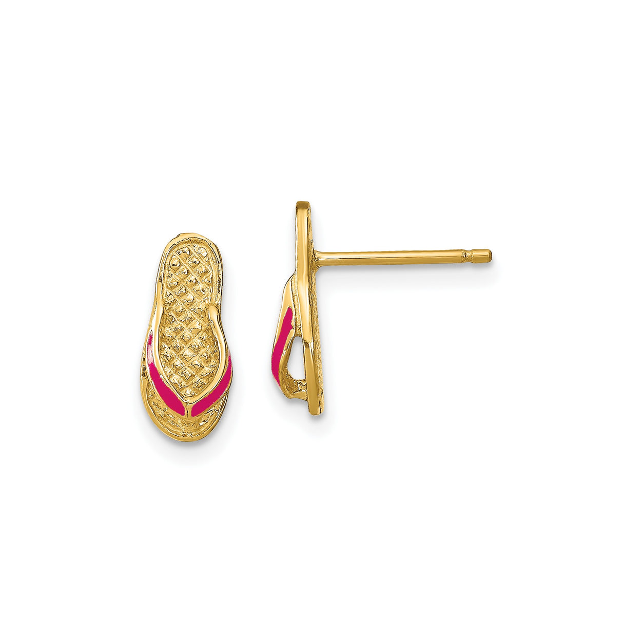 14k Yellow Gold Flip Flop Stud Earrings with Pink Enamel, Sandal Motif Summer Jewelry