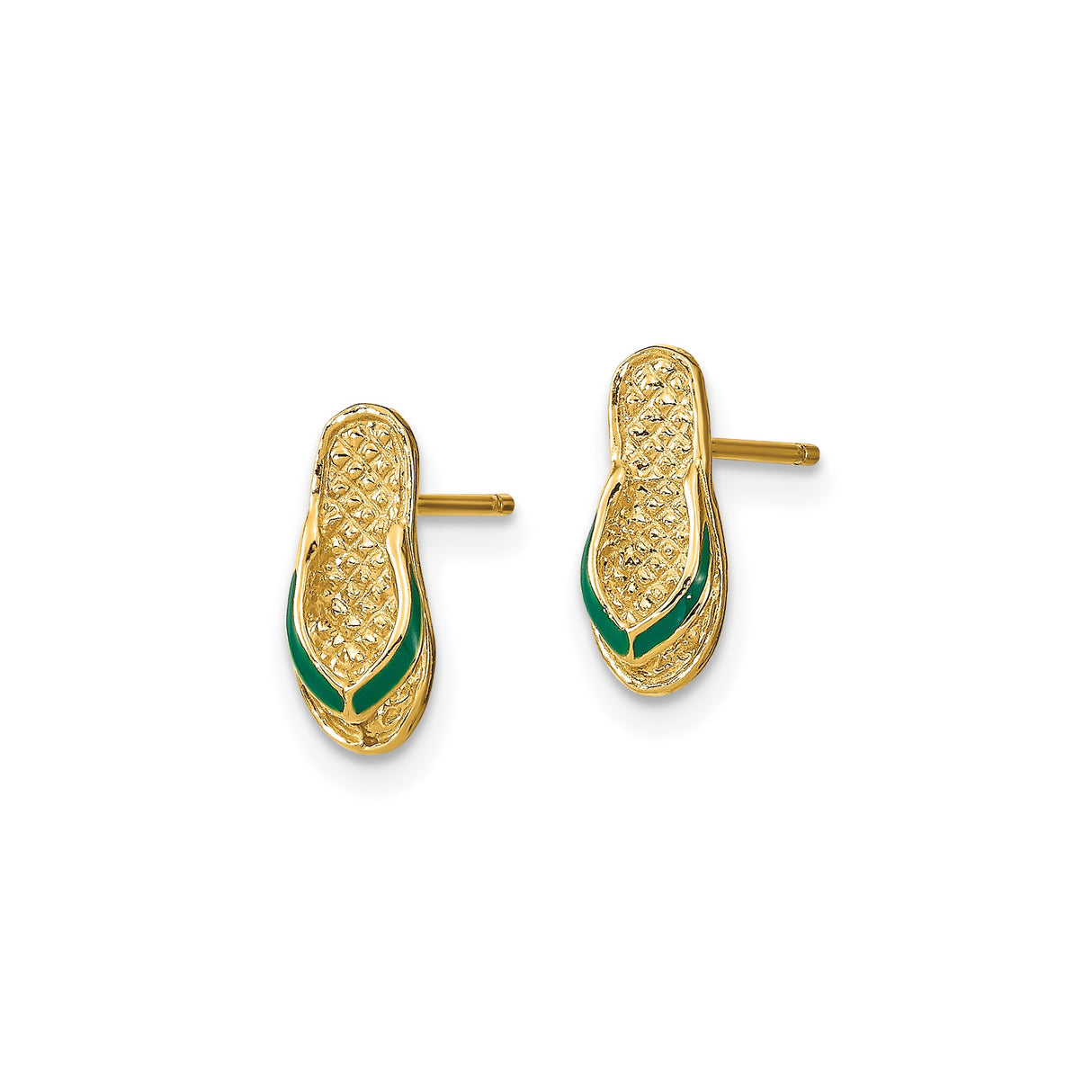 14k Yellow Gold Flip Flop Stud Earrings with Green Enamel, Beach Theme Jewelry for Women