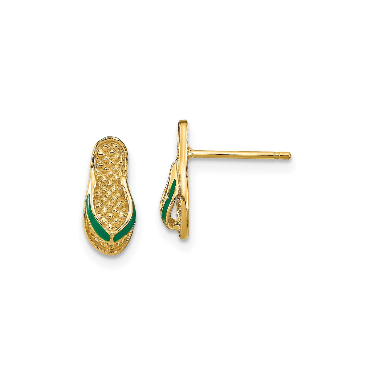 14k Yellow Gold Flip Flop Stud Earrings with Green Enamel, Beach Theme Jewelry for Women