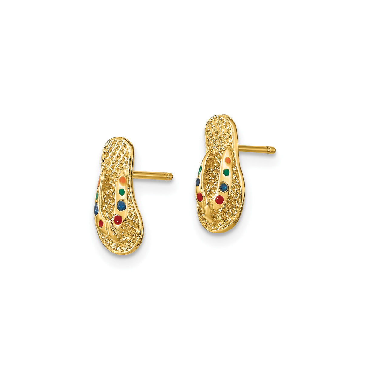 14k Yellow Gold Flip-Flop Stud Earrings with Colorful Enamel Accents, Beach Vacation Style