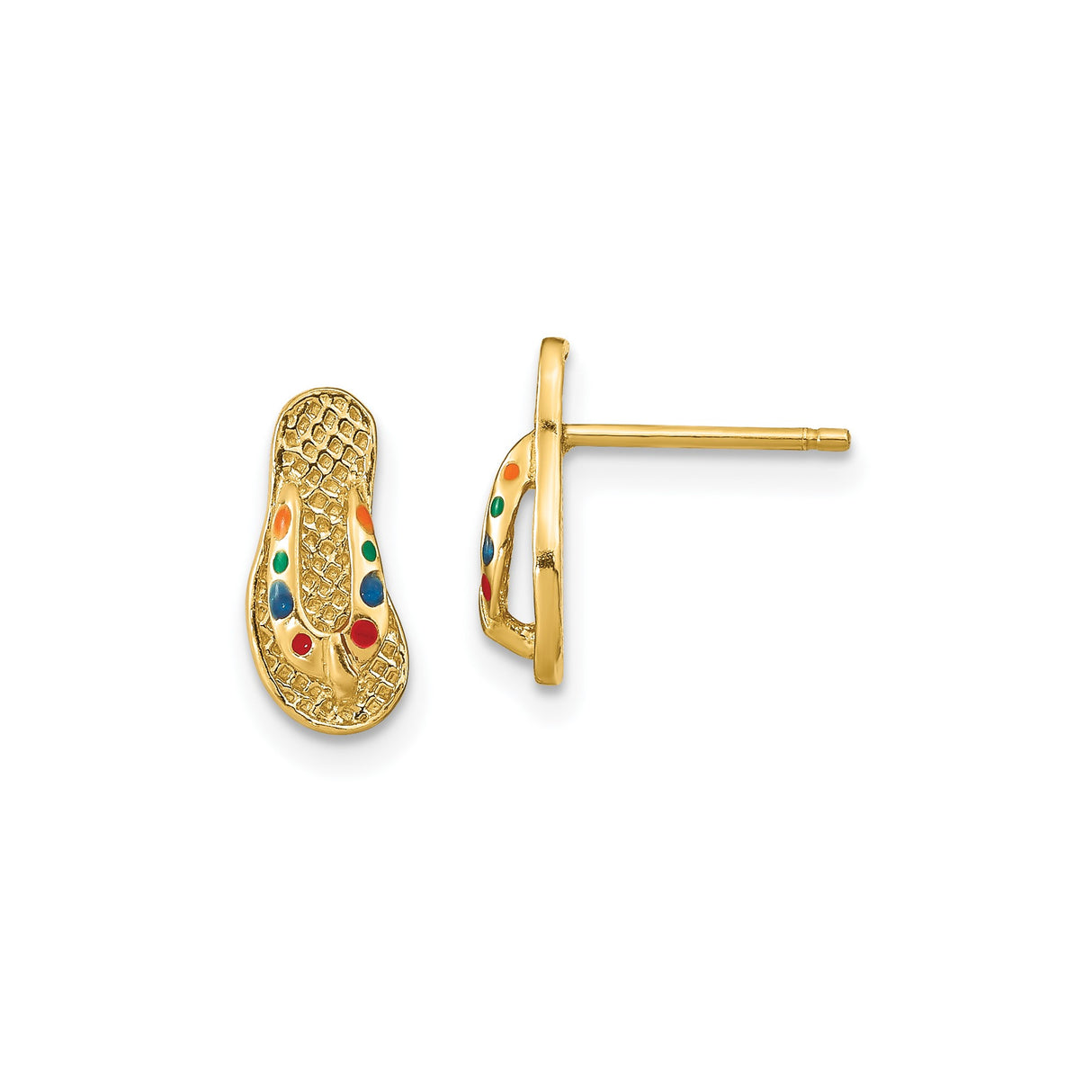 14k Yellow Gold Flip-Flop Stud Earrings with Colorful Enamel Accents, Beach Vacation Style