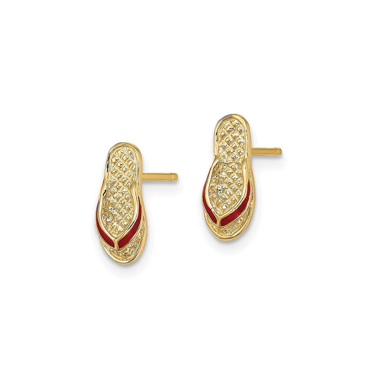 14k Yellow Gold Flip Flop Stud Earrings with Red Enamel Accents, Sandal Design