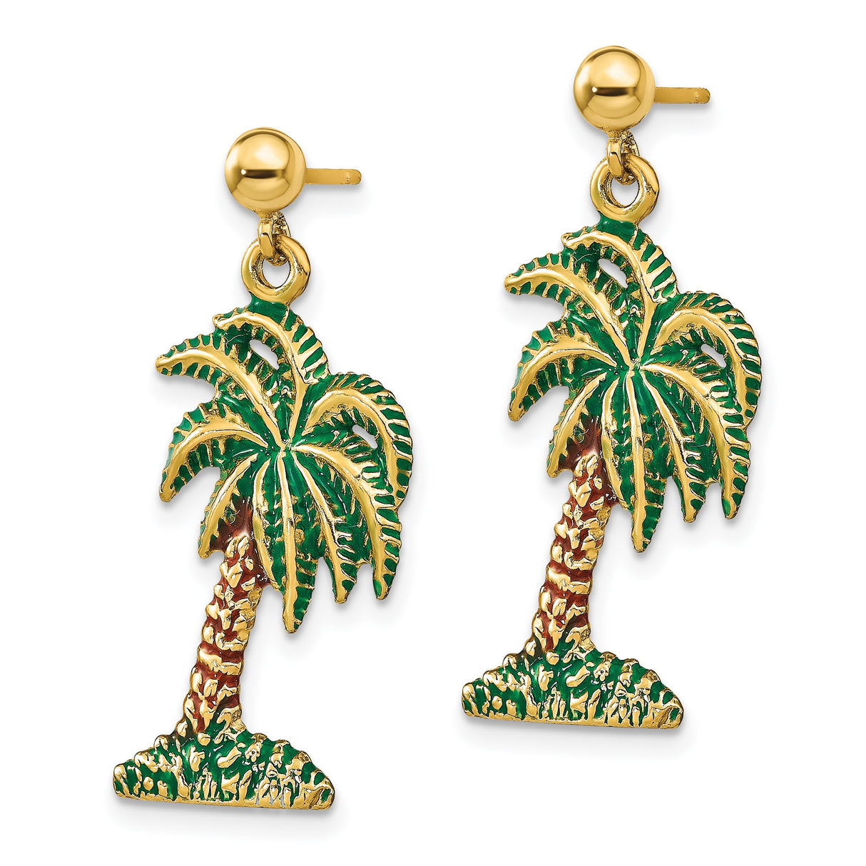 14k Yellow Gold Palm Tree Dangle Earrings with Green and Brown Enamel, Tropical Beach Style