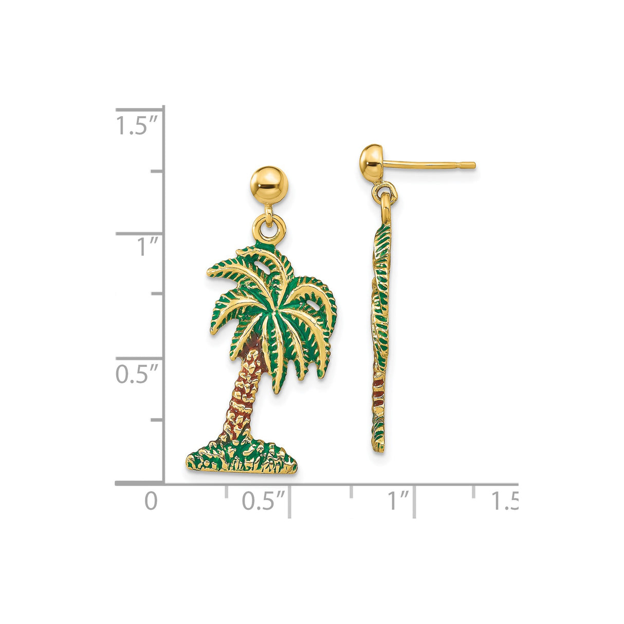 14k Yellow Gold Palm Tree Dangle Earrings with Green and Brown Enamel, Tropical Beach Style