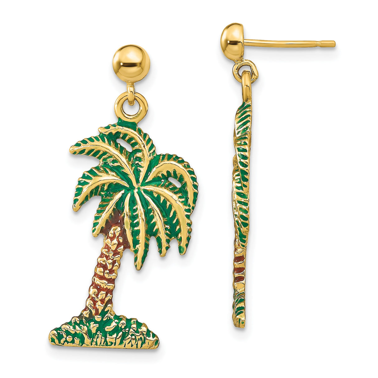 14k Yellow Gold Palm Tree Dangle Earrings with Green and Brown Enamel, Tropical Beach Style
