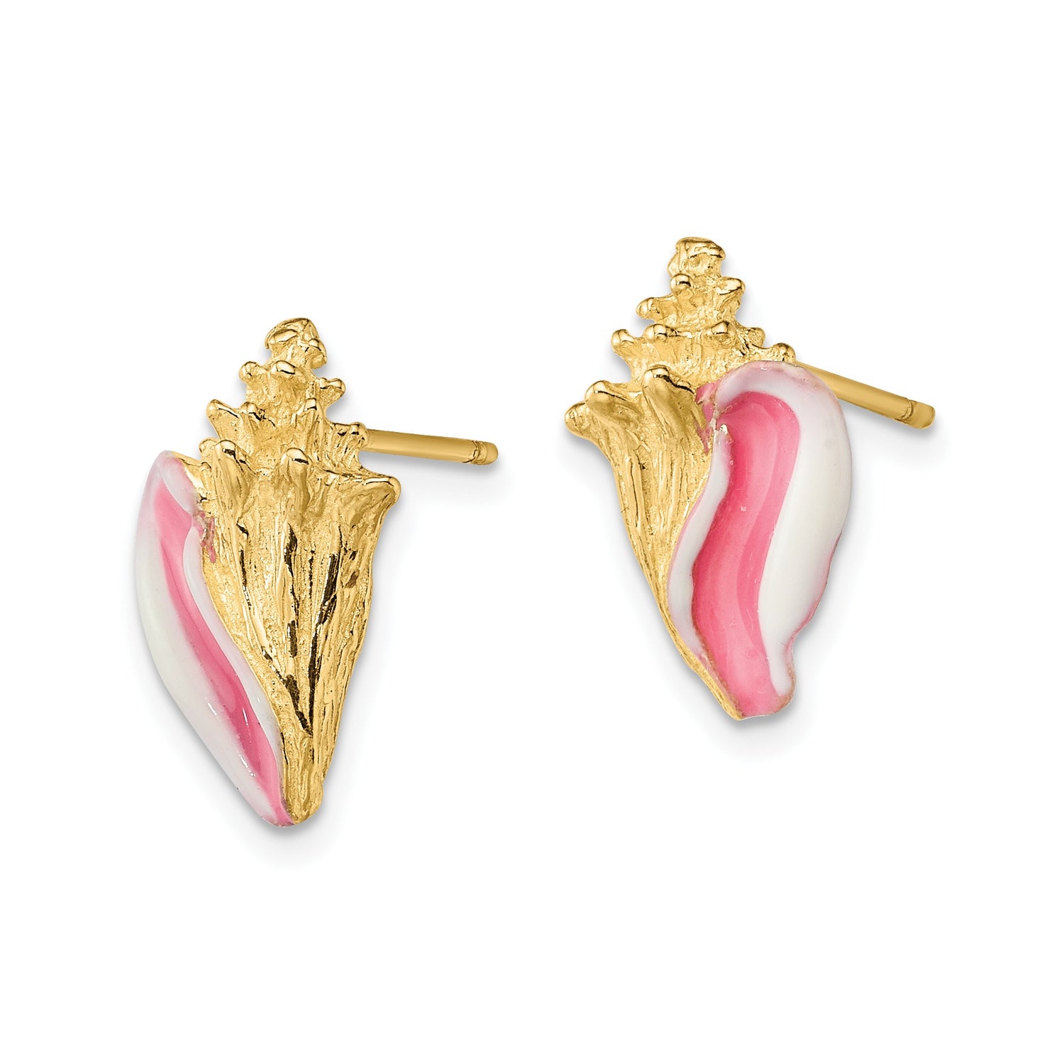 14k Yellow Gold Conch Shell Stud Earrings with Pink and White Enamel, Coastal Style