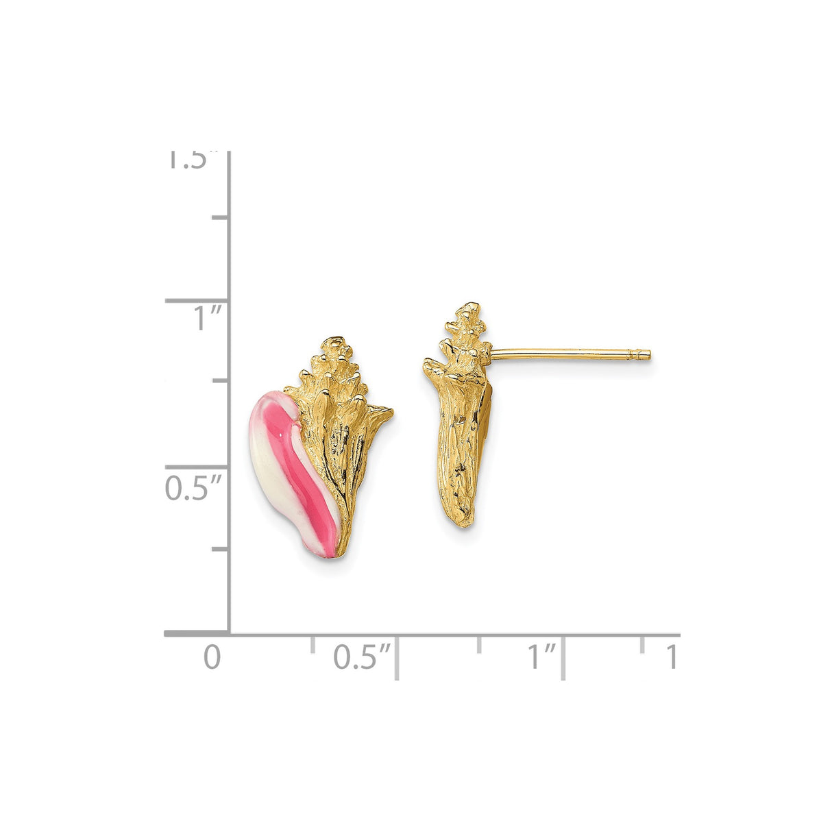 14k Yellow Gold Conch Shell Stud Earrings with Pink and White Enamel, Coastal Style